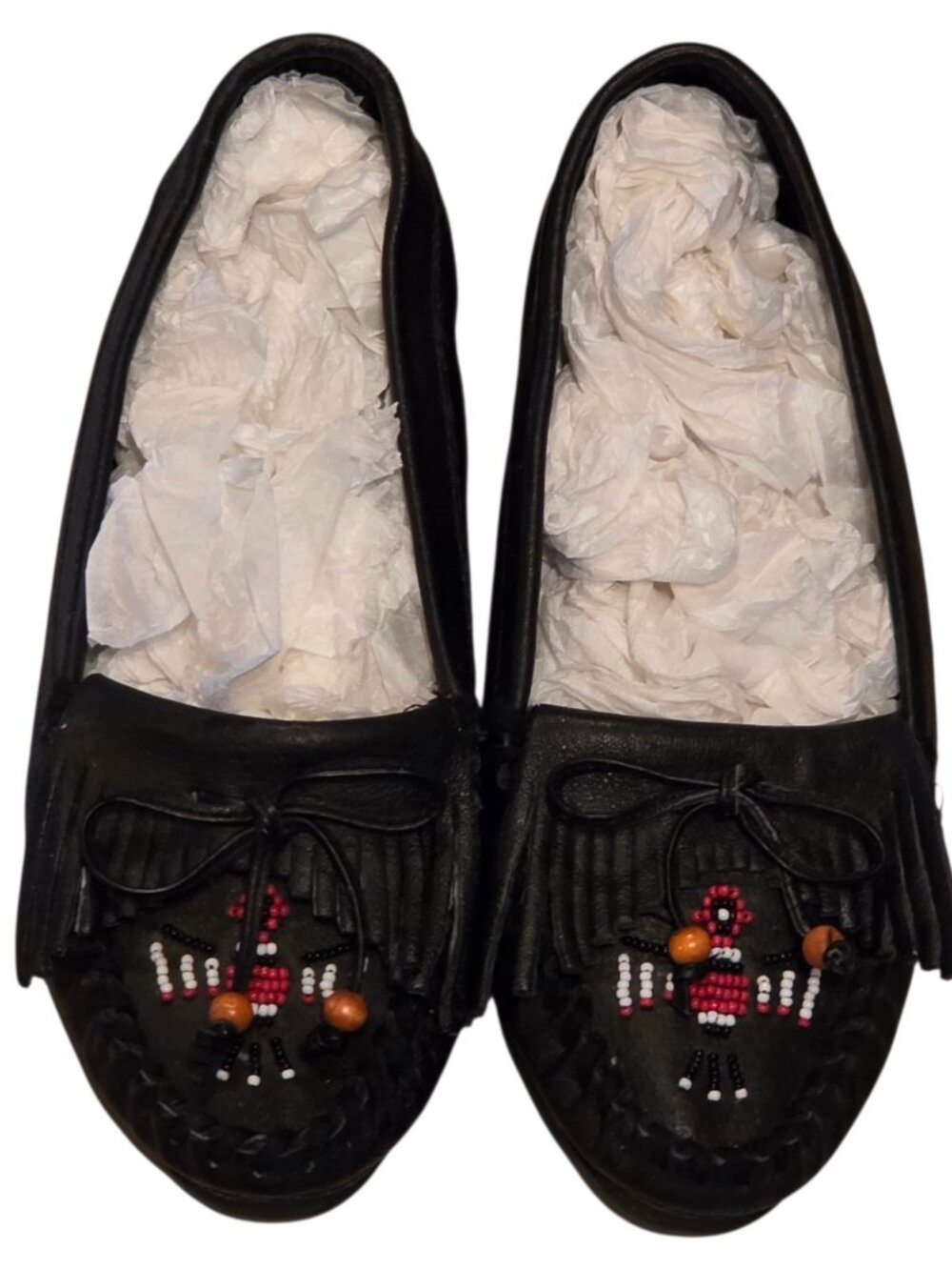 Hunters Run Size 6 M Black Leather Moccasins Flats Fringe Beadwork Detail Shoes
